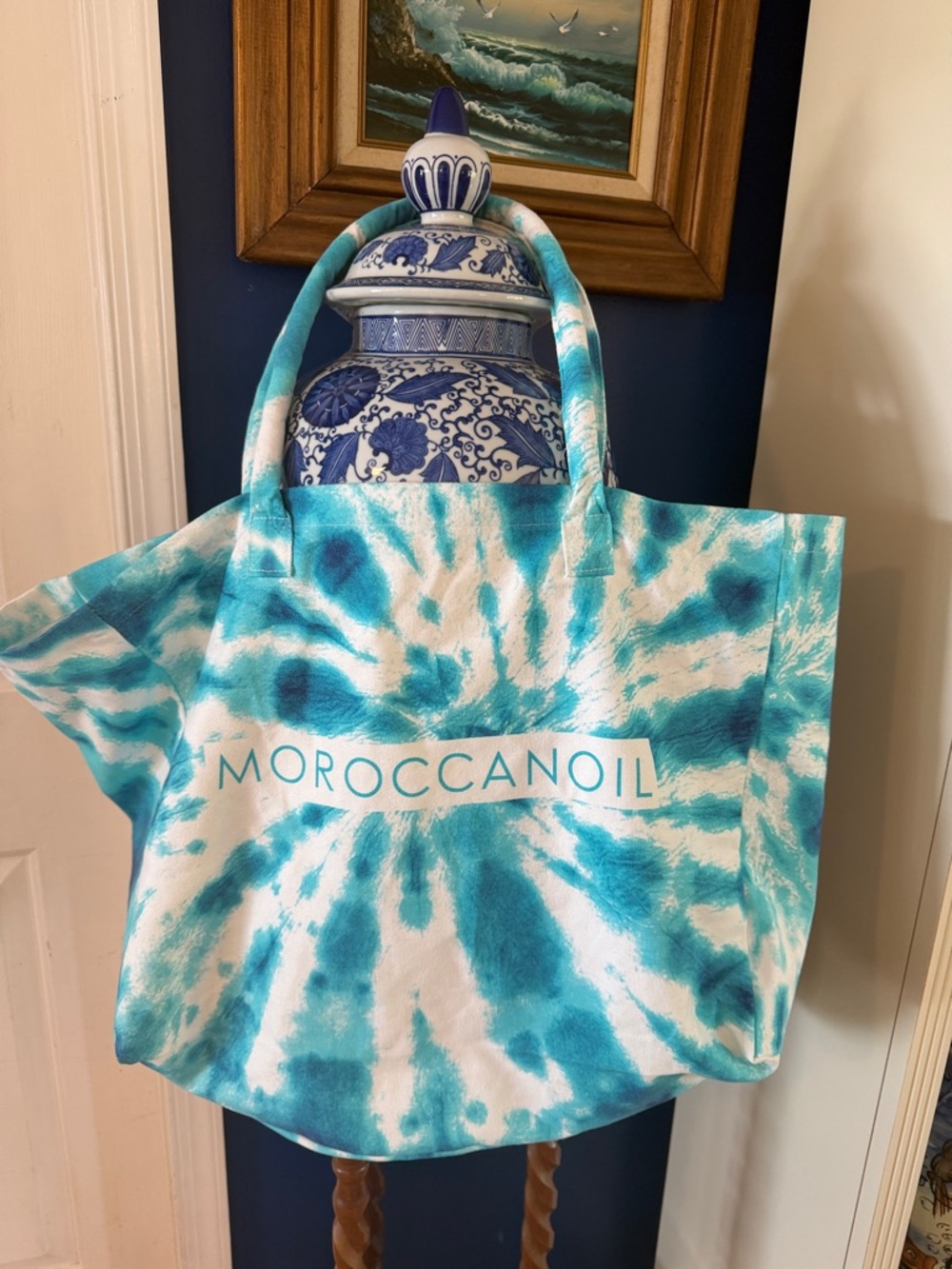NWOT Moroccanoil Teal Tie-Dye Tote Bag 15” H x 19” W 6” D